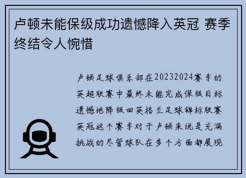 卢顿未能保级成功遗憾降入英冠 赛季终结令人惋惜