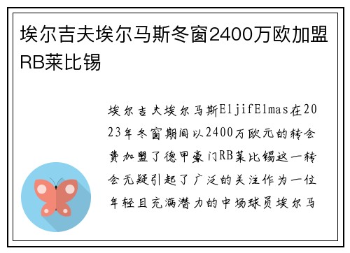 埃尔吉夫埃尔马斯冬窗2400万欧加盟RB莱比锡